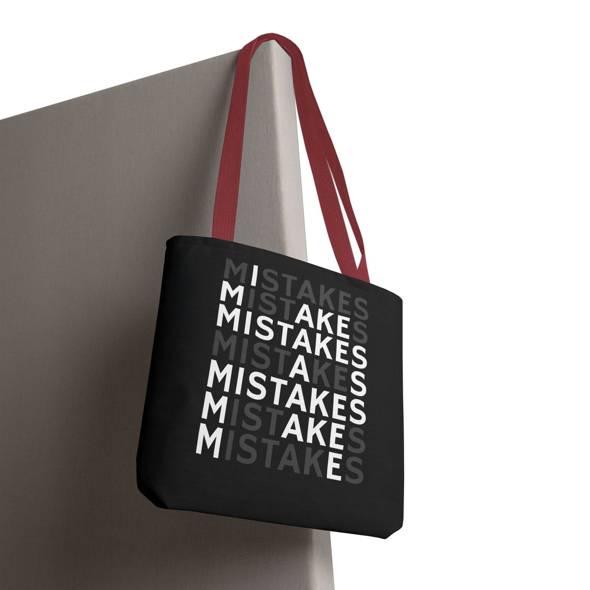 Mistakes Repeat Pattern Tote Bag — Black Typography Shopper