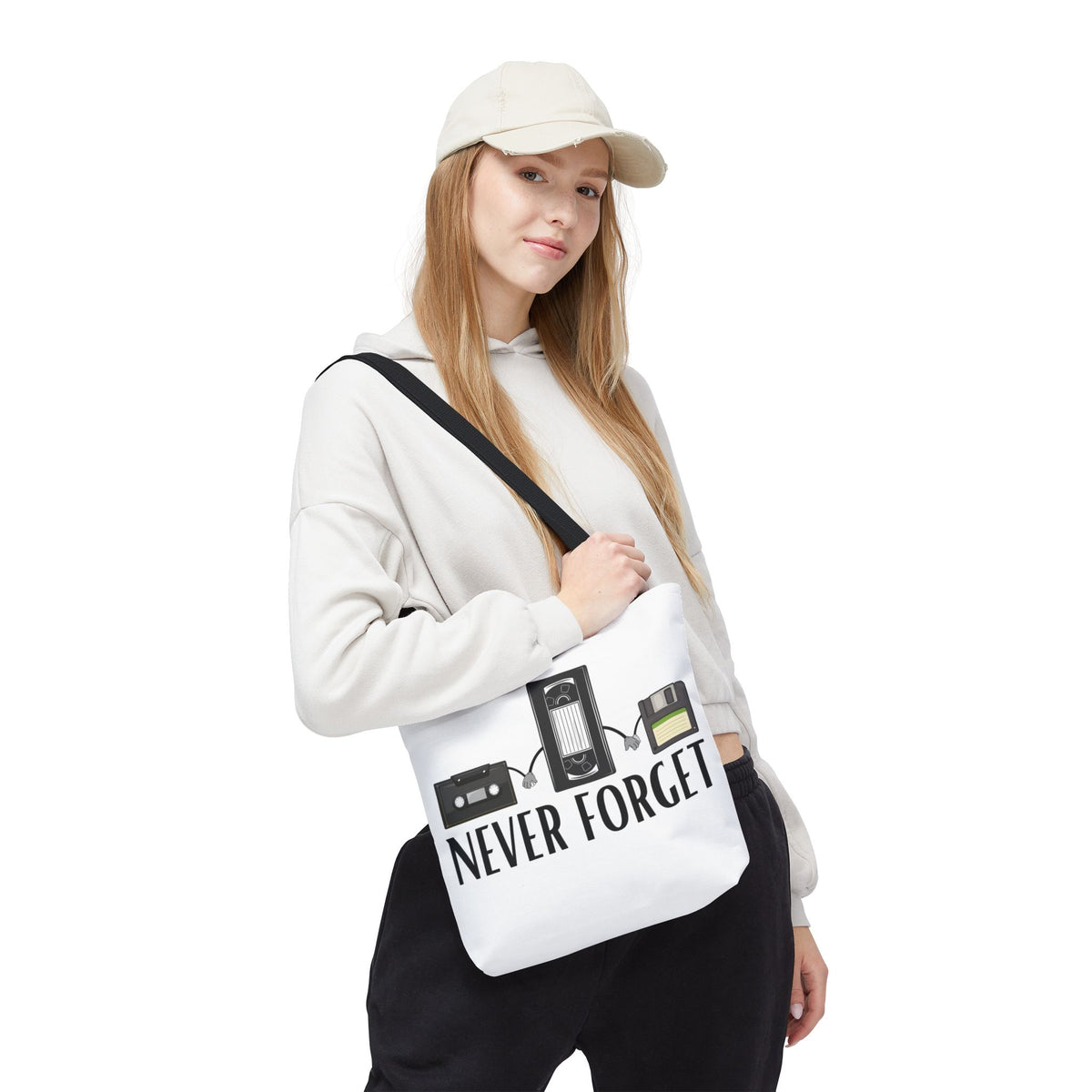 Retro Media 'Never Forget' Tote Bag — Vintage Cassette, VHS & Floppy Design