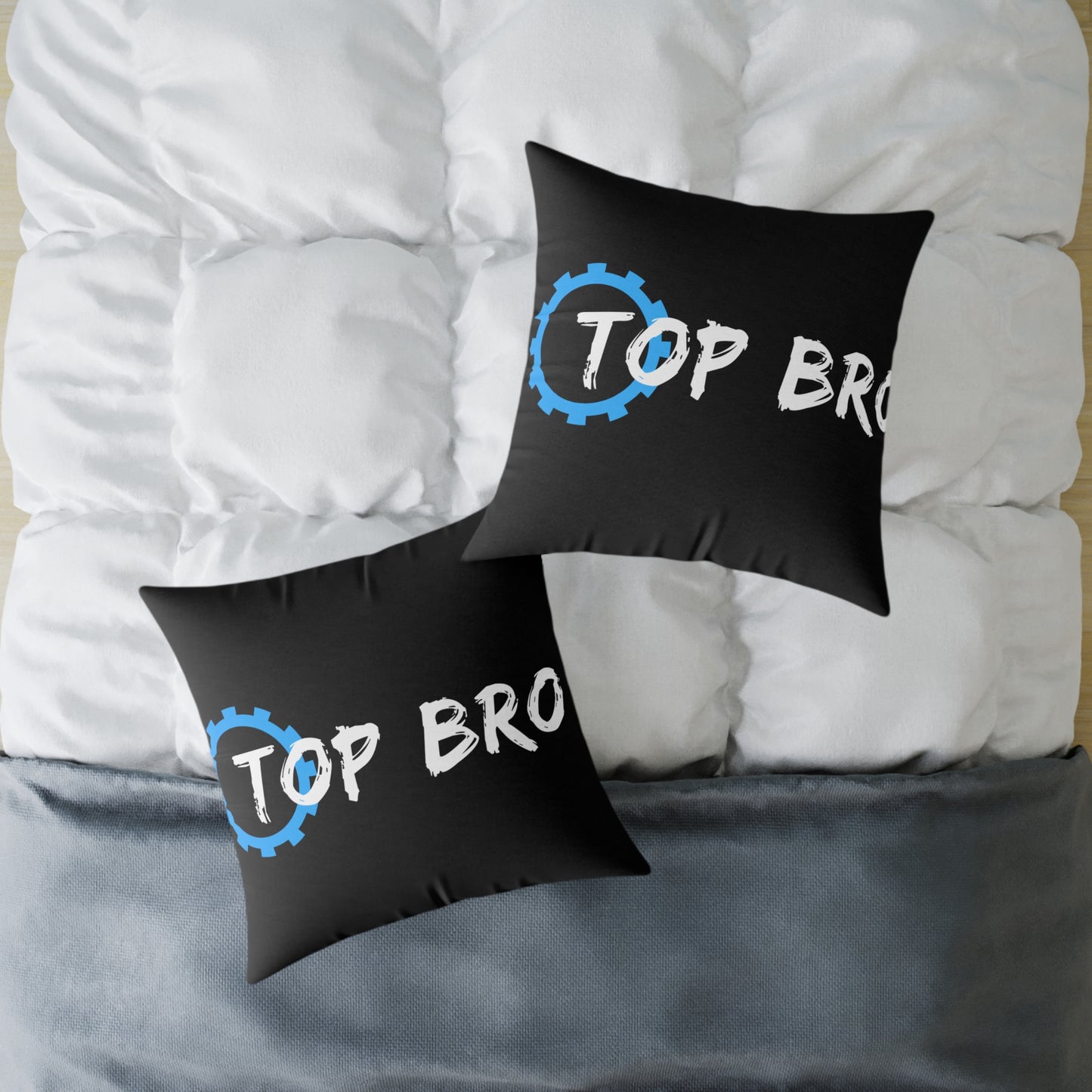 Top Bro Square Throw Pillow - Black Canvas Accent Cushion with Gear Logo