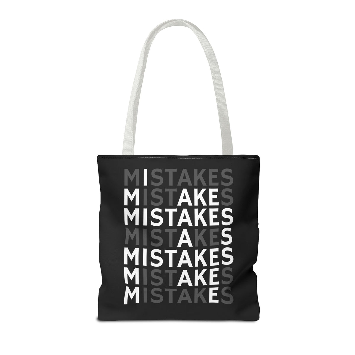 Mistakes Repeat Pattern Tote Bag — Black Typography Shopper