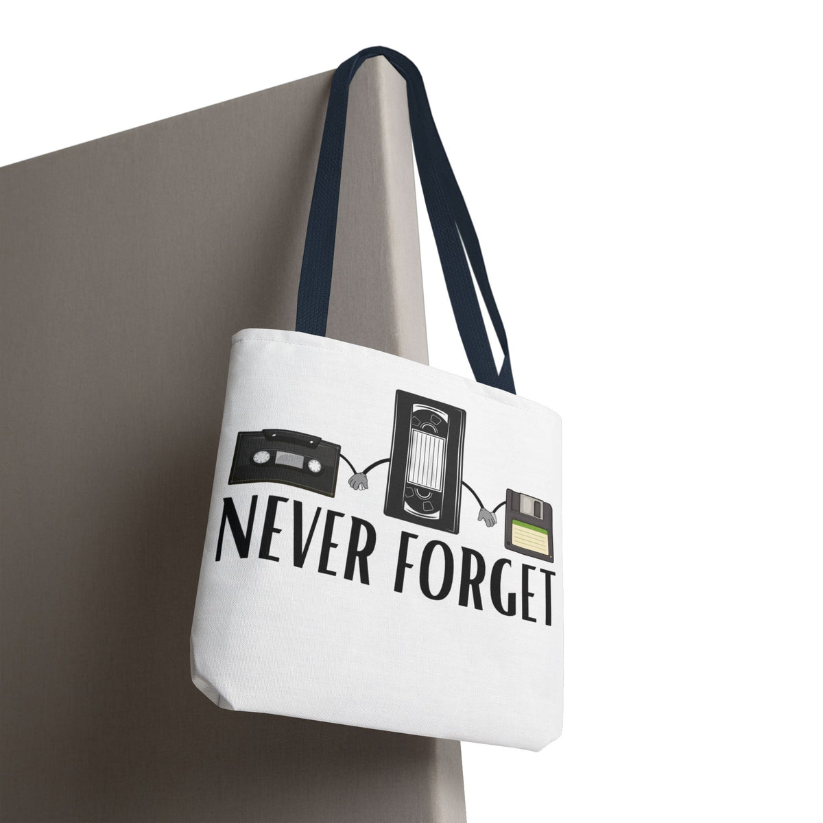 Retro Media 'Never Forget' Tote Bag — Vintage Cassette, VHS & Floppy Design