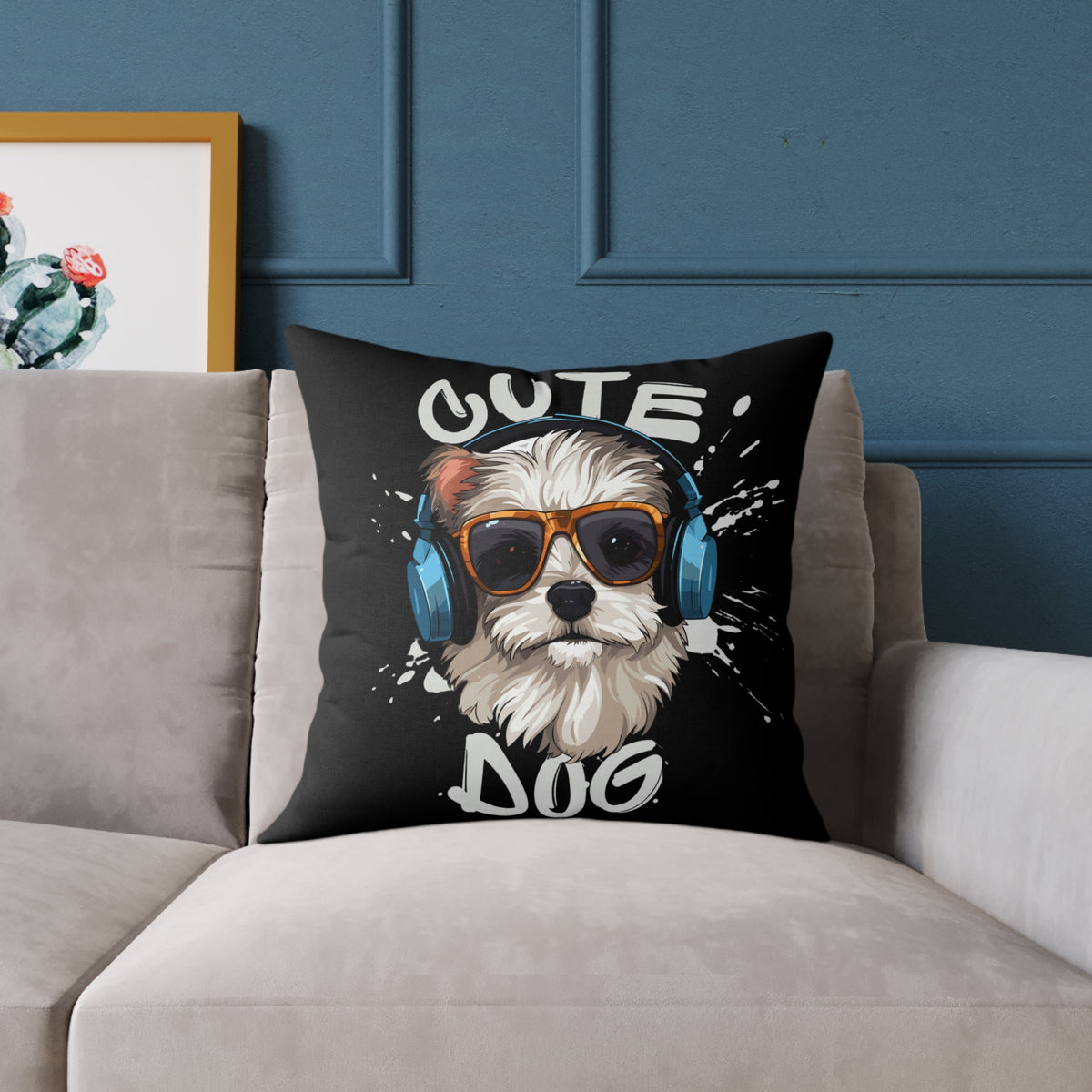 Cute Dog Headphones Square Pillow — Cool Sunglasses Pet Decor