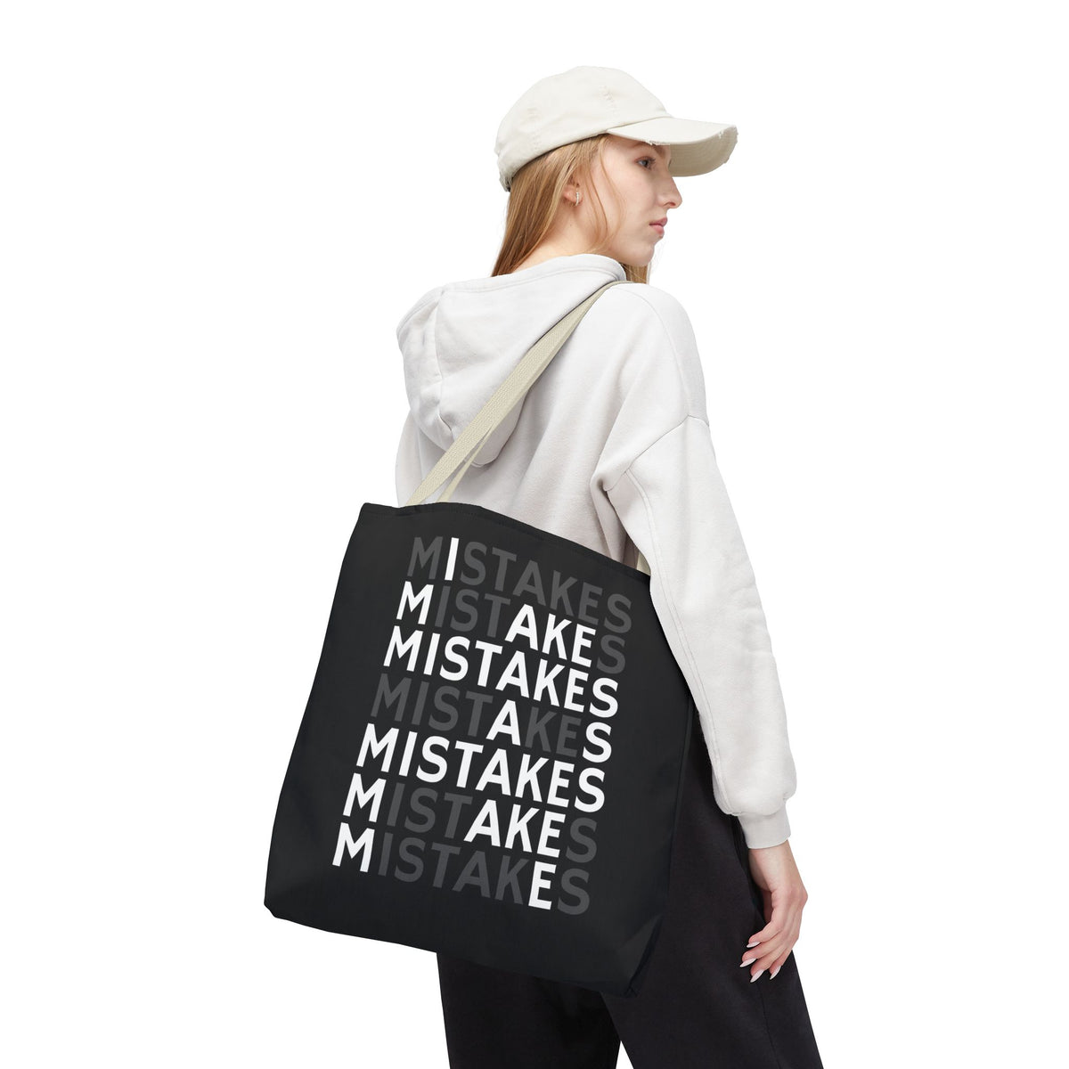 Mistakes Repeat Pattern Tote Bag — Black Typography Shopper