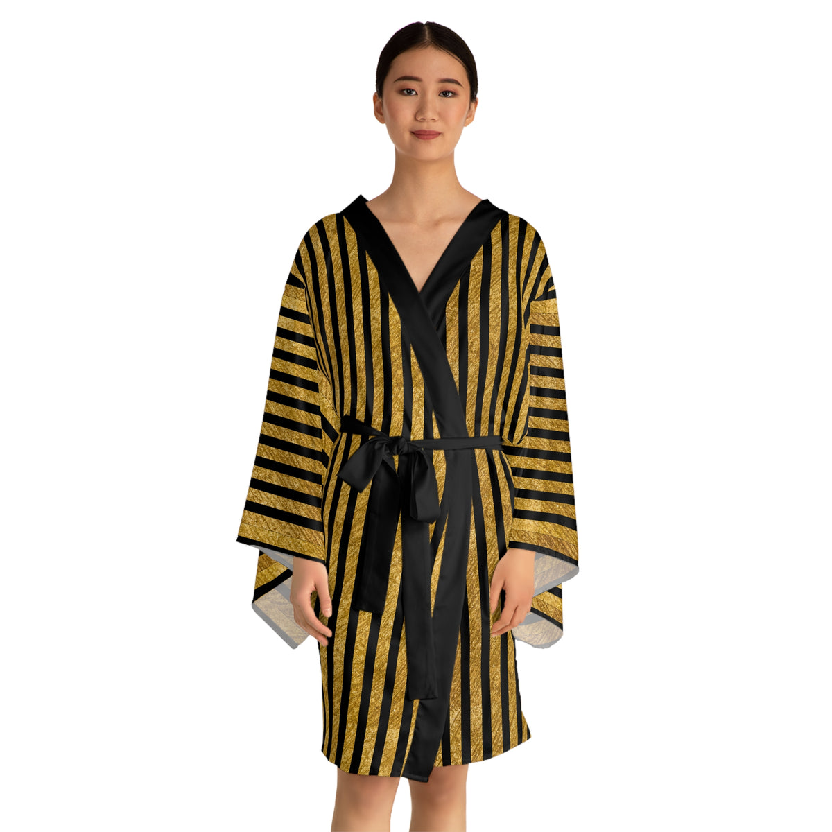 Gold & Black Striped Kimono Robe — Luxe Metallic Stripe Long Sleeve Wrap - Gift