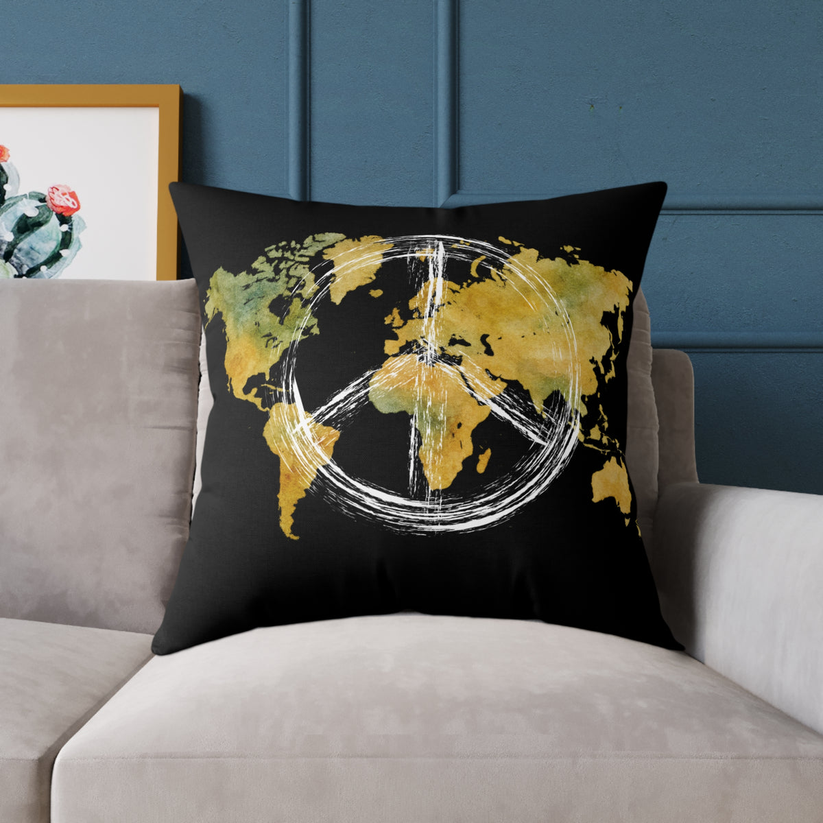World Map Peace Sign Throw Pillow — Gold & Black Travel Decorative Pillow
