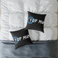 Top Mum Decorative Pillow – Black Square Accent Pillow with Blue Gear Logo