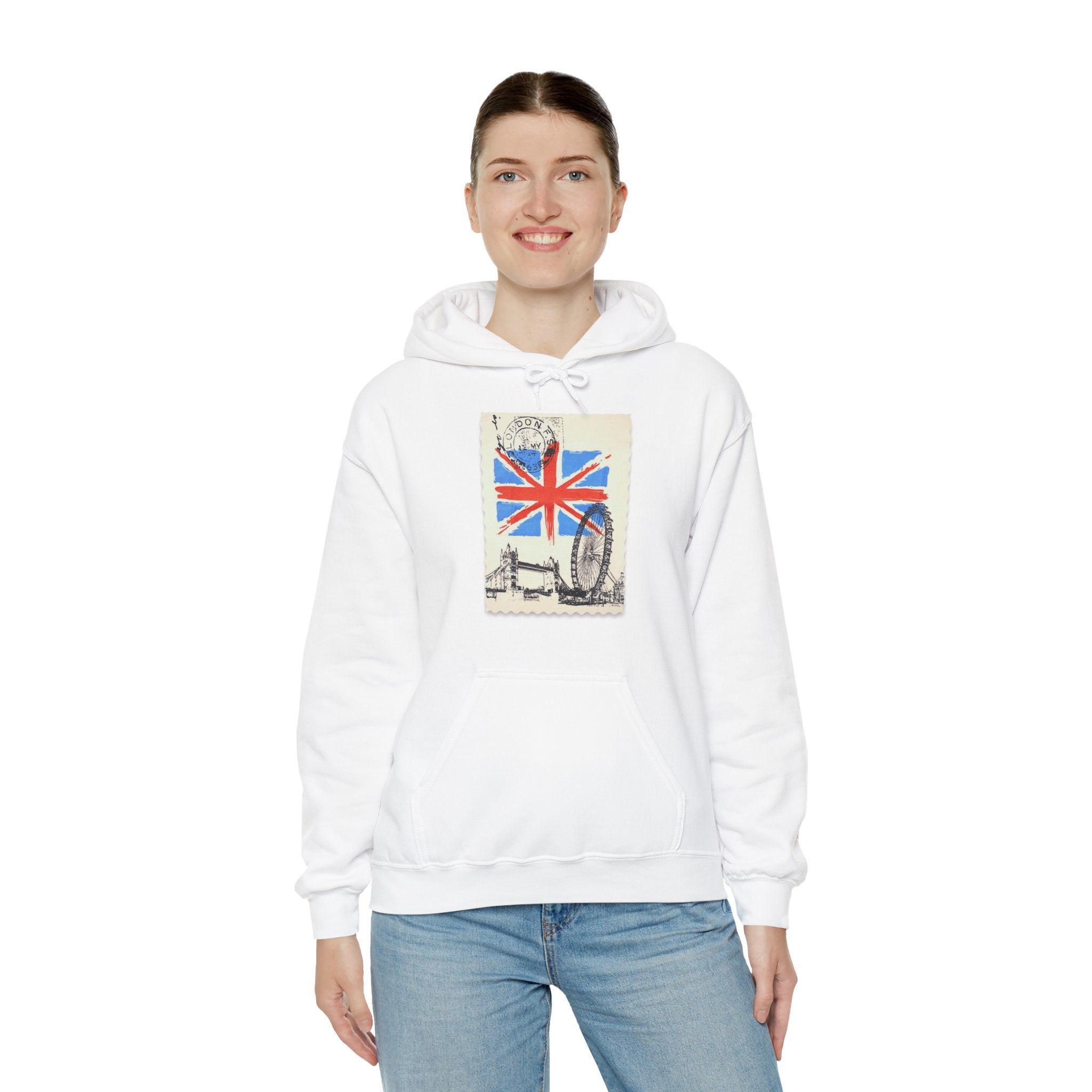 England Hoodie, Unisex,  White, UK, Stamp, British, Gift, Conscience Garment, London, Mindfulness, Inspiration, Black, White