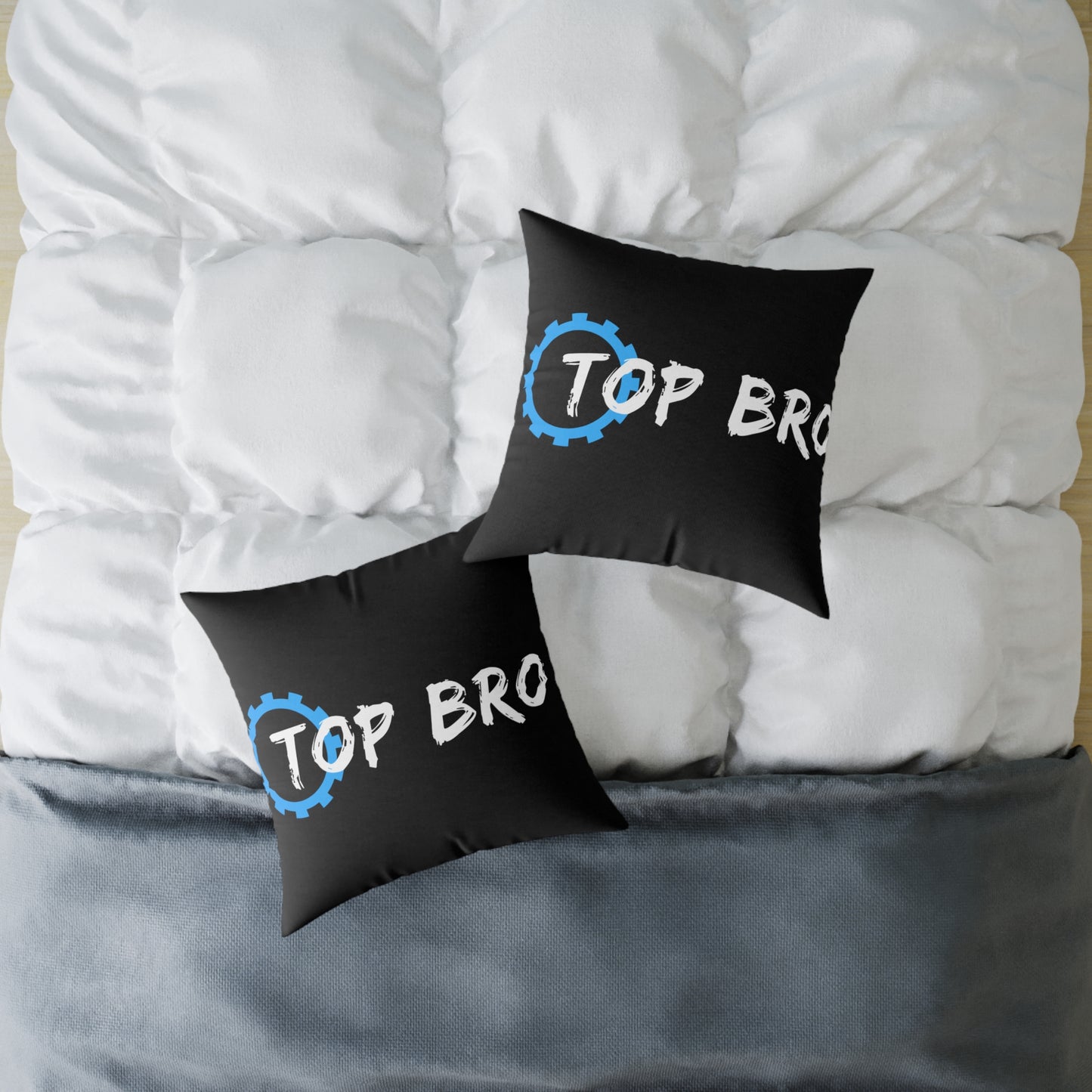 Top Bro Square Throw Pillow - Black Canvas Accent Cushion with Gear Logo