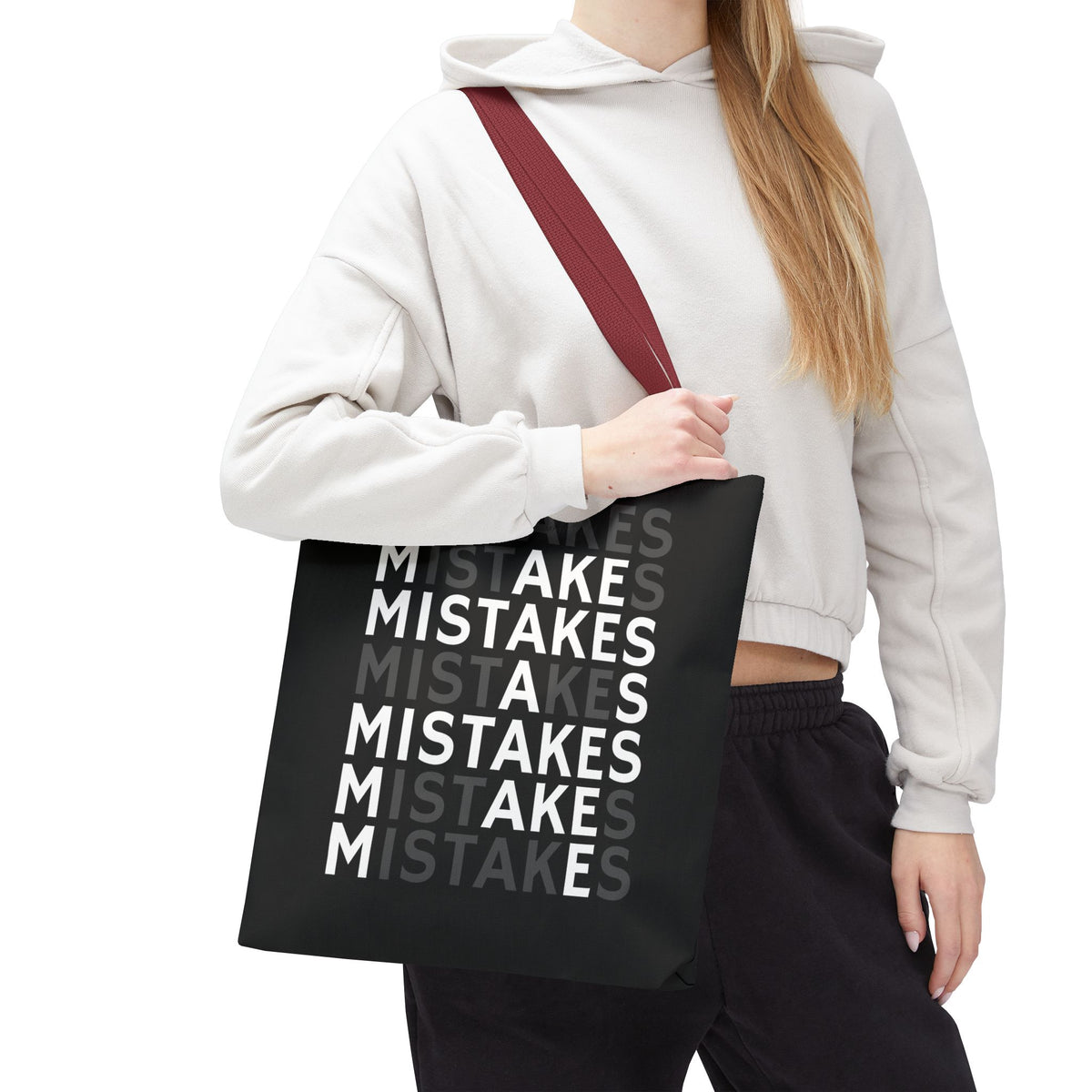 Mistakes Repeat Pattern Tote Bag — Black Typography Shopper