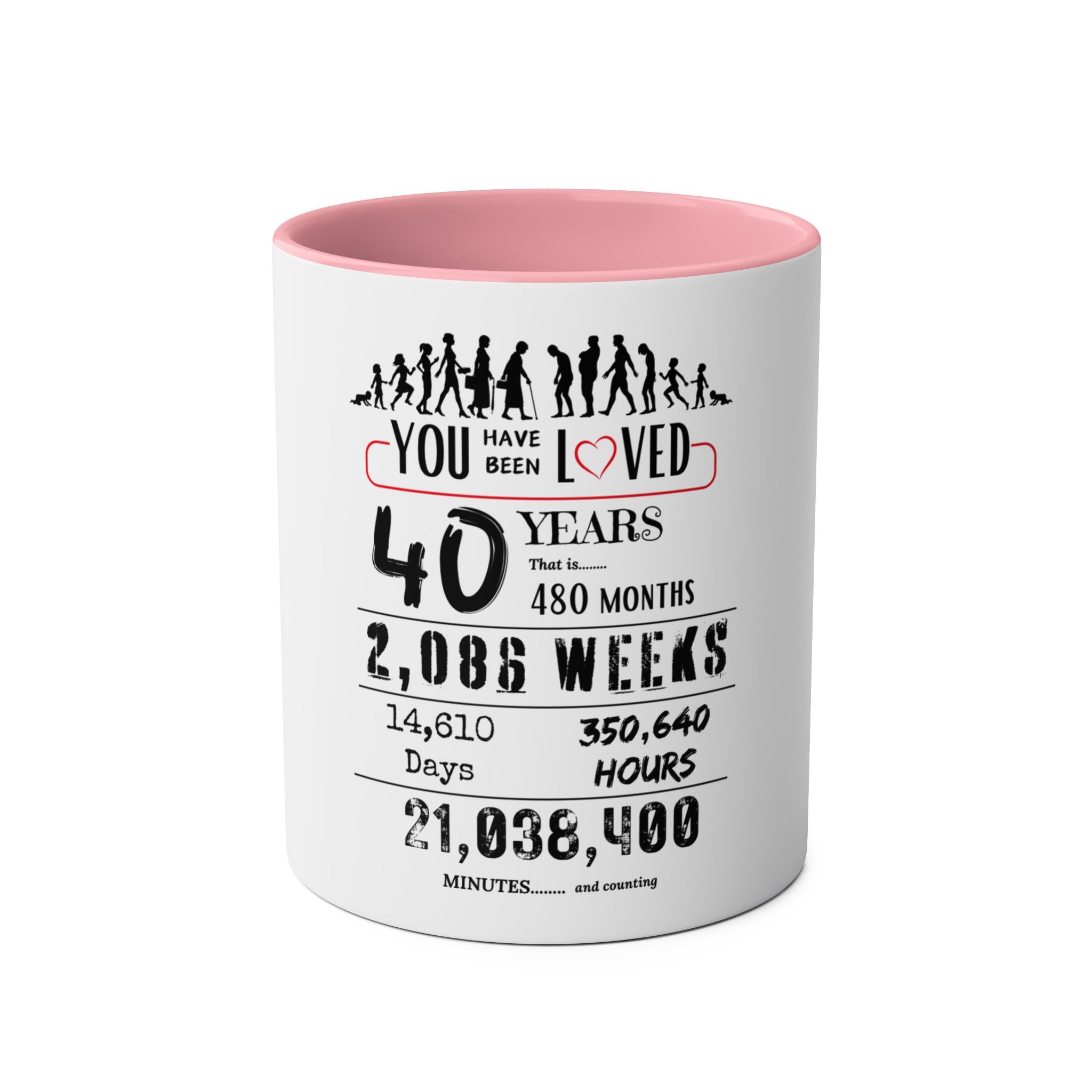 Happy 40th Birthday Gift, Mugs, 2 tone, Boys, Girls, Men, Women, Funny, Age, Facts, Years, Months, Weeks, Days, Hours, Minutes