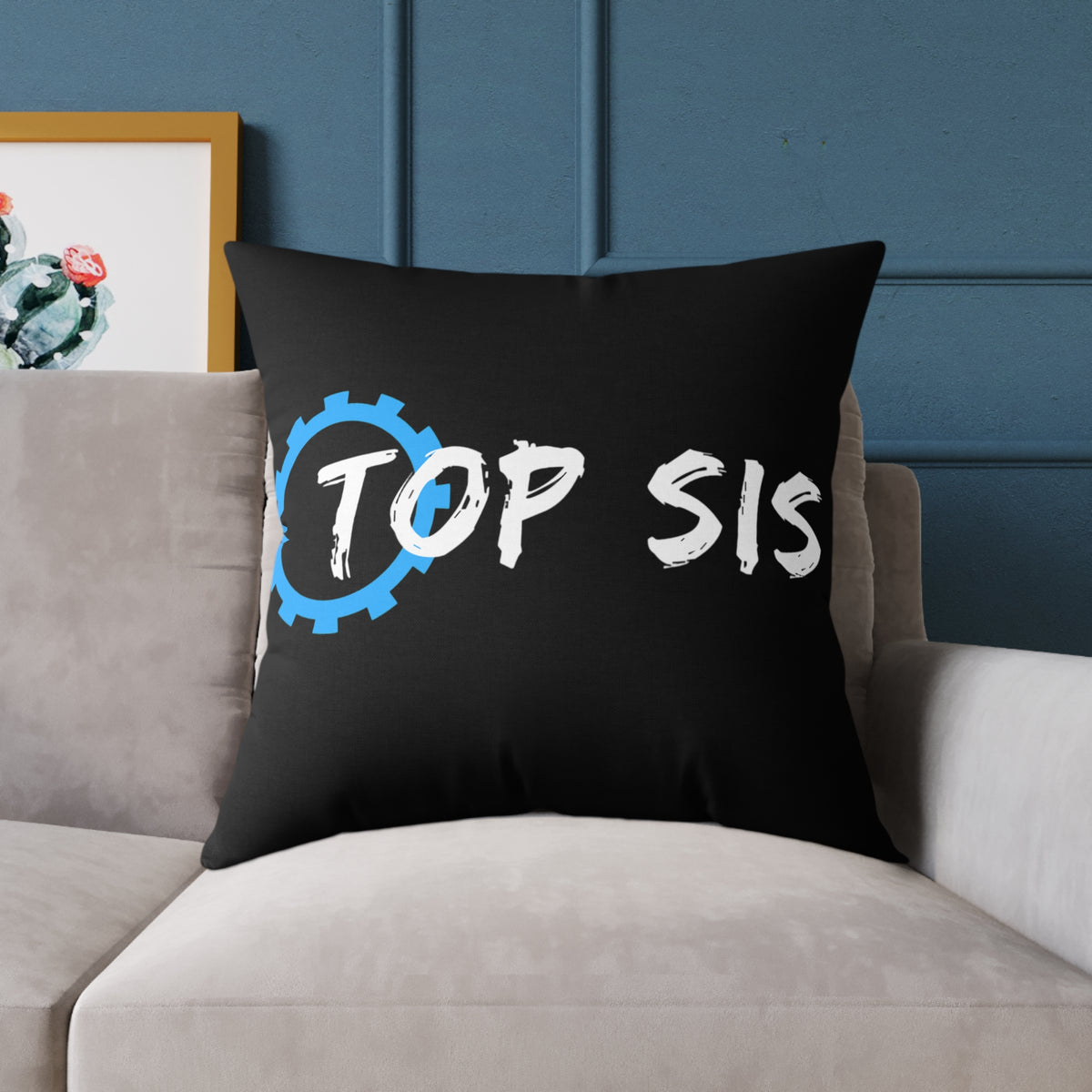Top Sis Square Throw Pillow — Black Canvas Accent Cushion