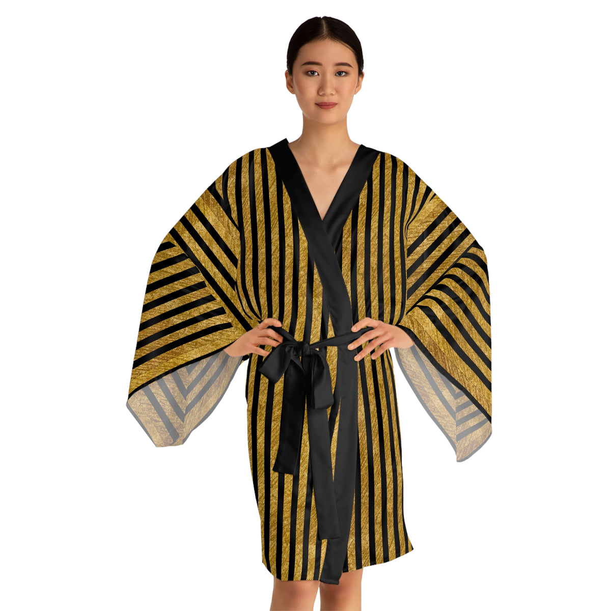Gold & Black Striped Kimono Robe — Luxe Metallic Stripe Long Sleeve Wrap - Gift