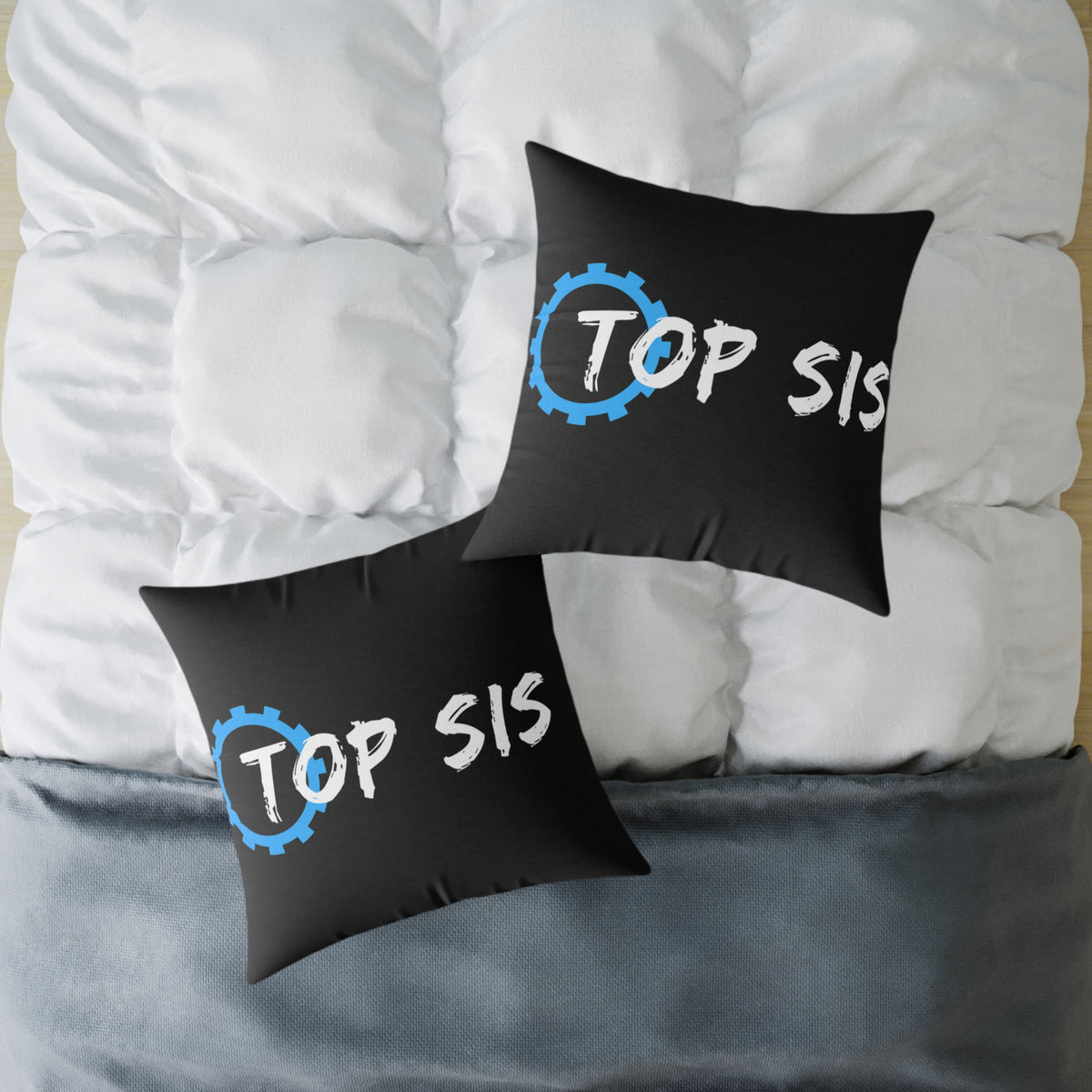 Top Sis Square Throw Pillow — Black Canvas Accent Cushion