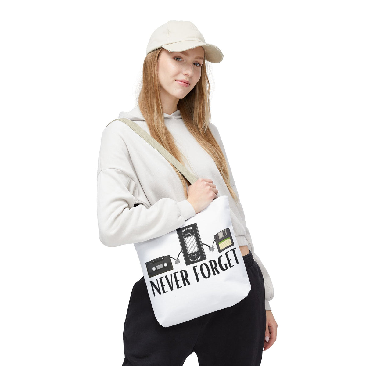 Retro Media 'Never Forget' Tote Bag — Vintage Cassette, VHS & Floppy Design