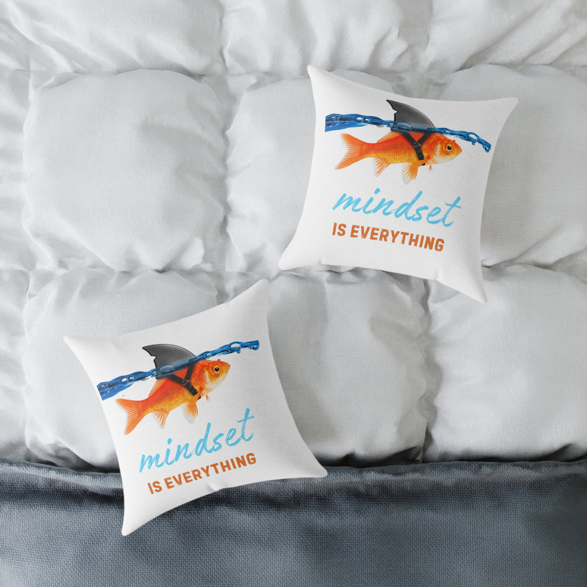 Mindset Is Everything Square Throw Pillow – Goldfish with Shark Fin Motivational Accent Pillow