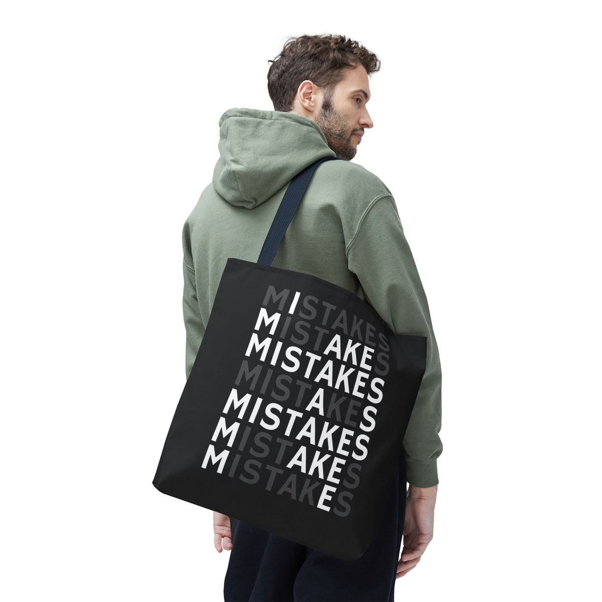 Mistakes Repeat Pattern Tote Bag — Black Typography Shopper