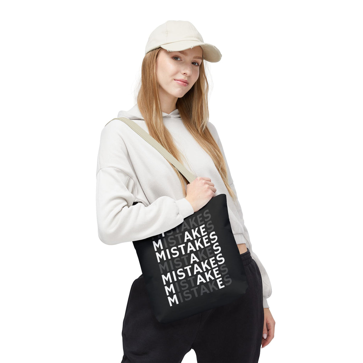 Mistakes Repeat Pattern Tote Bag — Black Typography Shopper