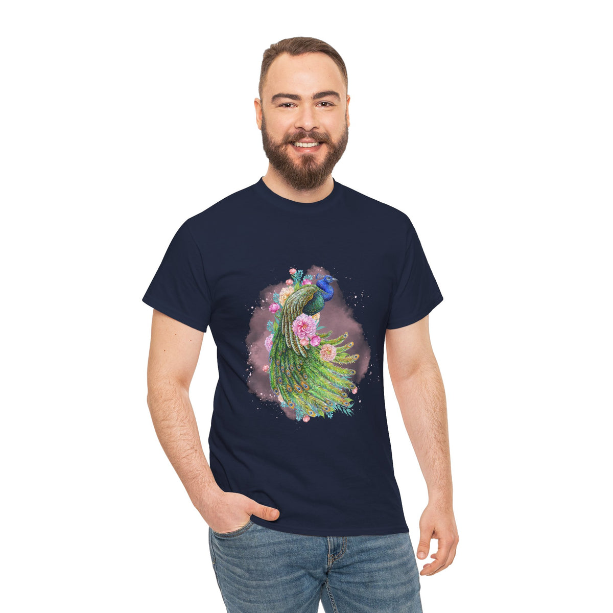 Peacock Floral Unisex Tee, Unique Animal Shirt, Nature Lover Gift, Casual Wear, Artful Graphic Tee - Conscience Garment