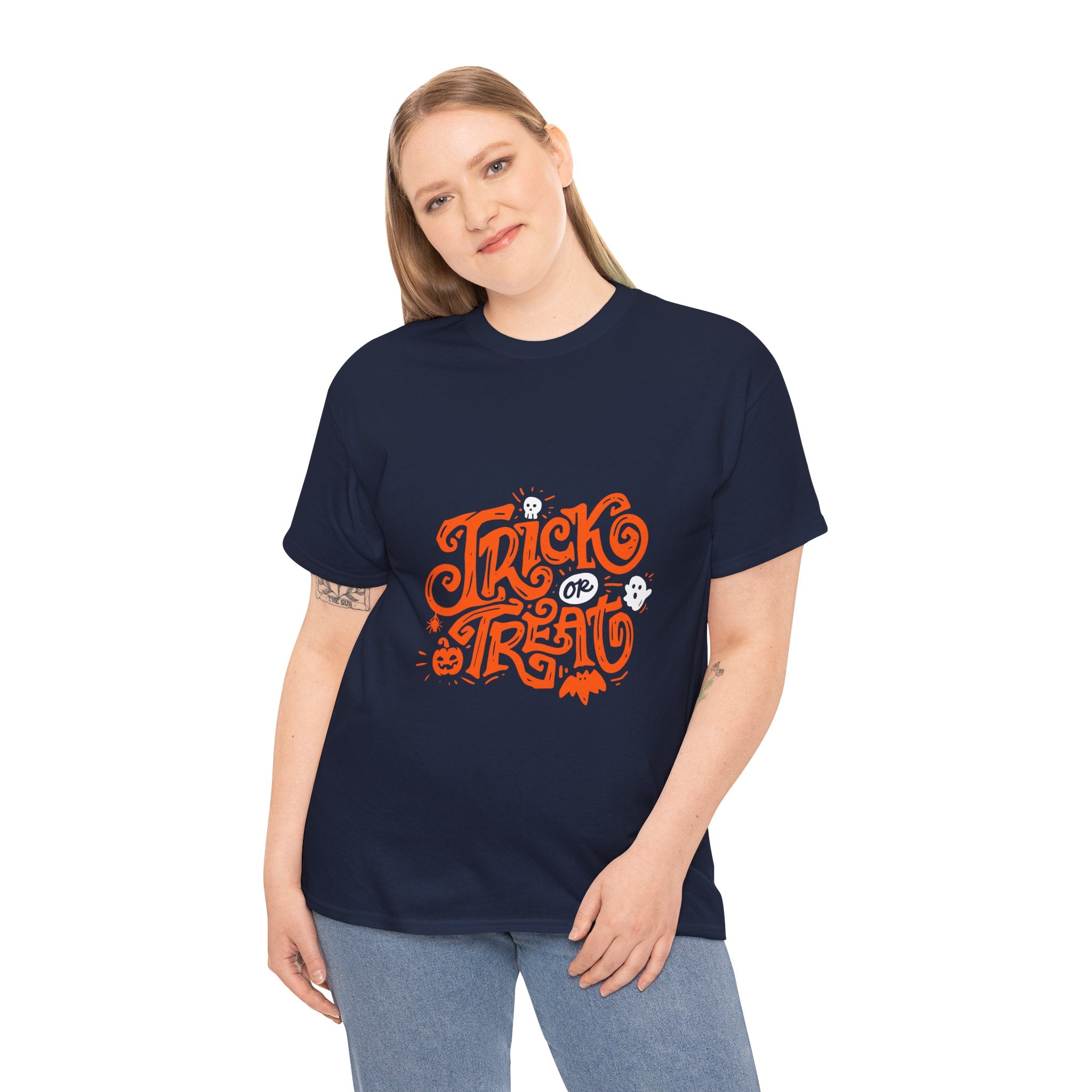 Trick or Treat Heavy Cotton Tee, Halloween Gift Shirt, Unisex Black T-Shirt, Spooky Costume Top, Fall Celebration Apparel