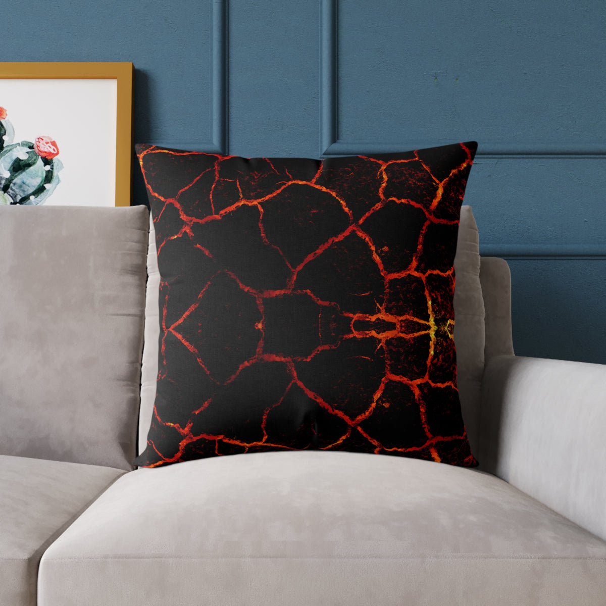 Lava Crackle Square Pillow — Fiery Red Black Decorative Throw Pillow