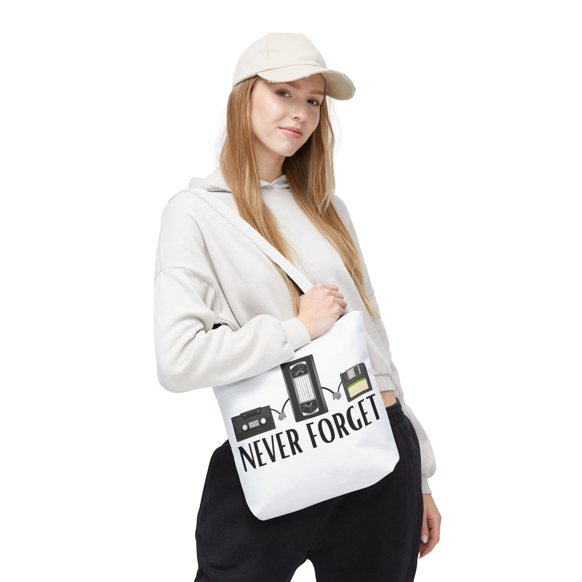 Retro Media 'Never Forget' Tote Bag — Vintage Cassette, VHS & Floppy Design