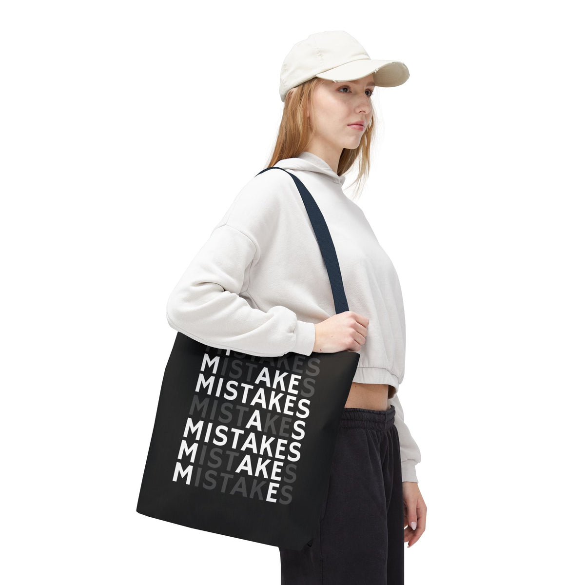 Mistakes Repeat Pattern Tote Bag — Black Typography Shopper