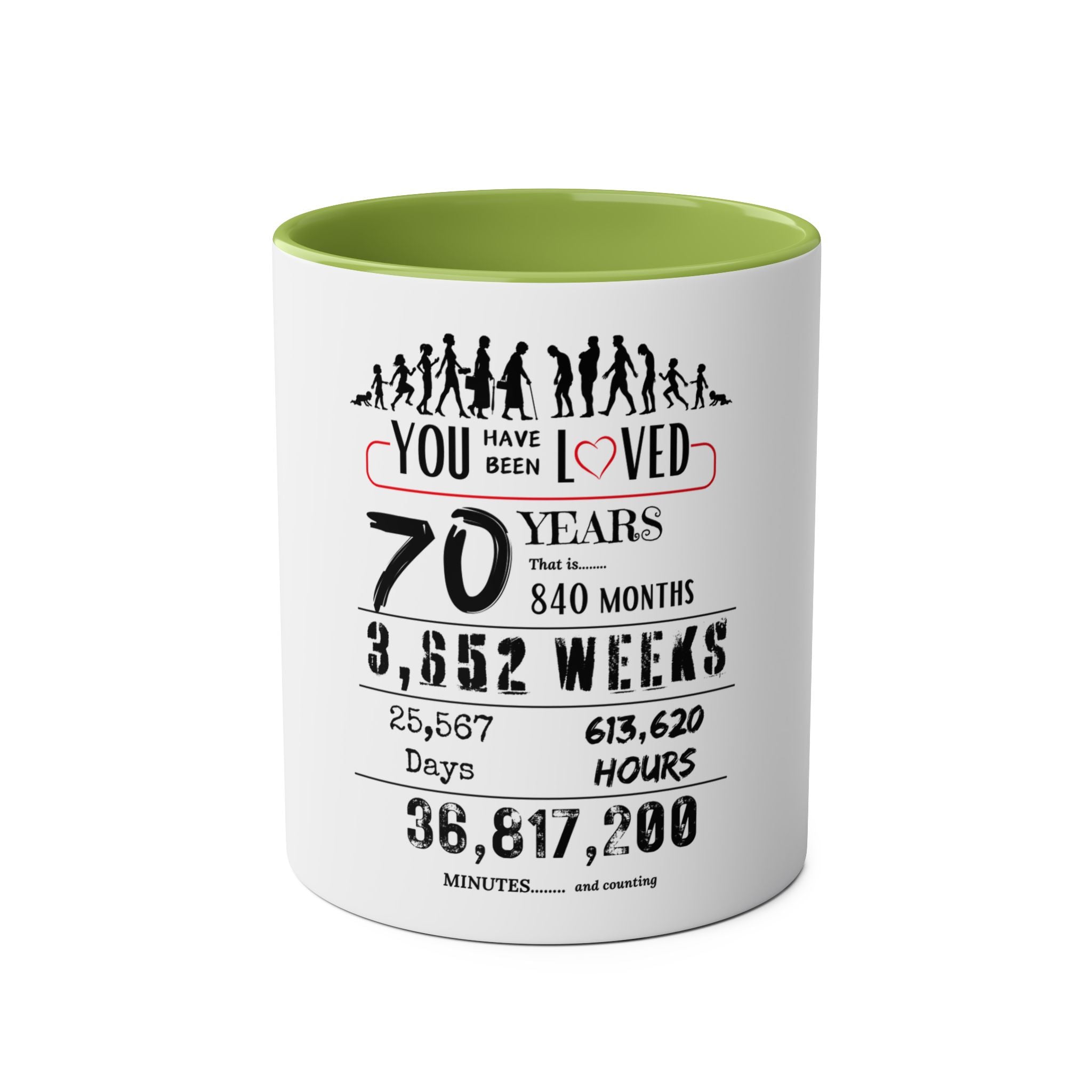 Happy 70th Birthday Gift, Mugs, 2 tone, Boys, Girls, Men, Women, Funny, Age, Facts, Years, Months, Weeks, Days, Hours, Minutes