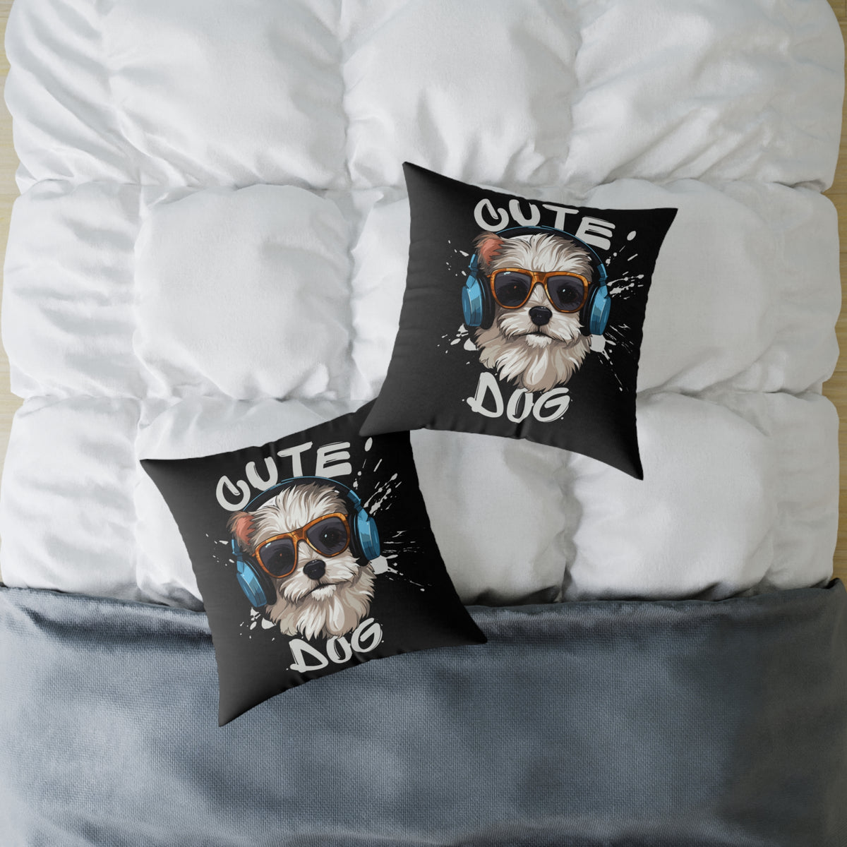 Cute Dog Headphones Square Pillow — Cool Sunglasses Pet Decor