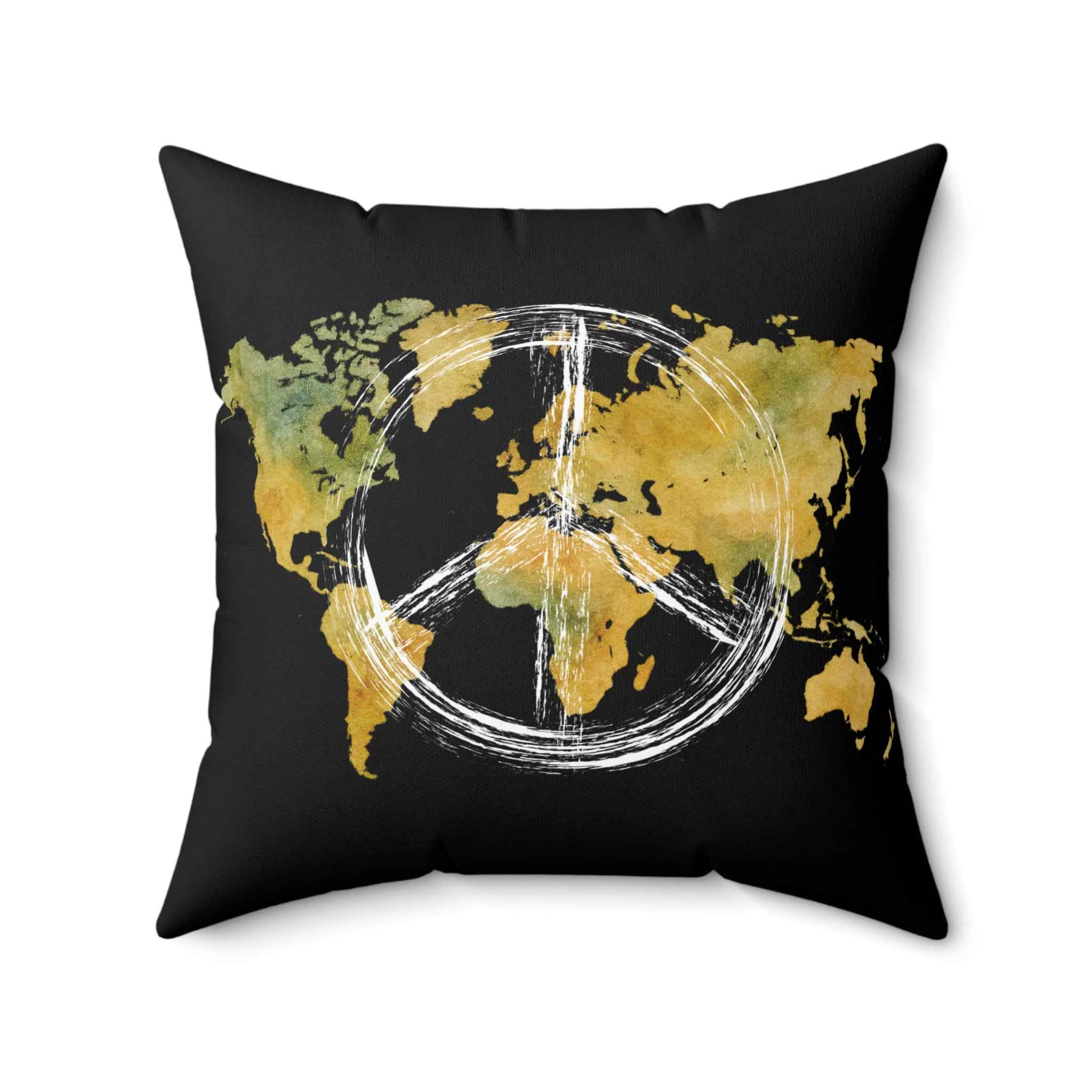Peace Sign World Map Throw Pillow Earth Toned Decorative Cushion