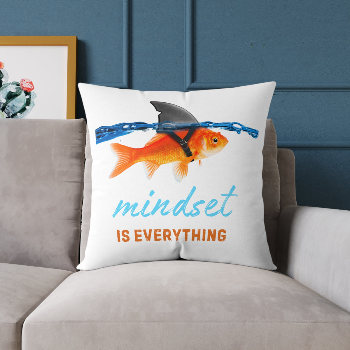 Mindset Is Everything Square Throw Pillow – Goldfish with Shark Fin Motivational Accent Pillow