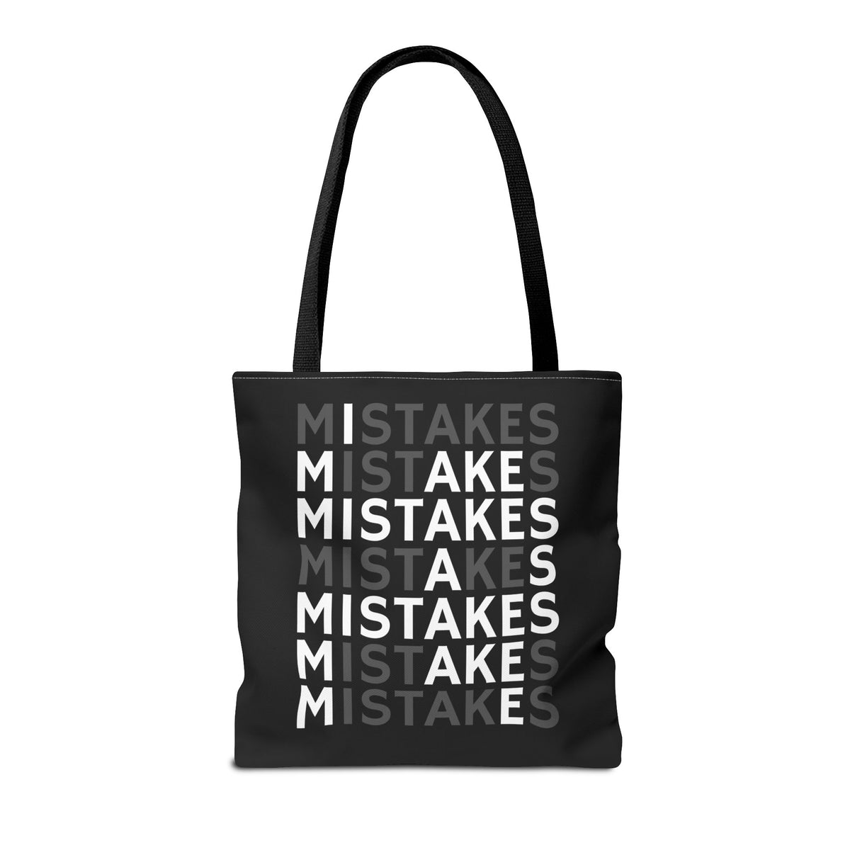 Mistakes Repeat Pattern Tote Bag — Black Typography Shopper