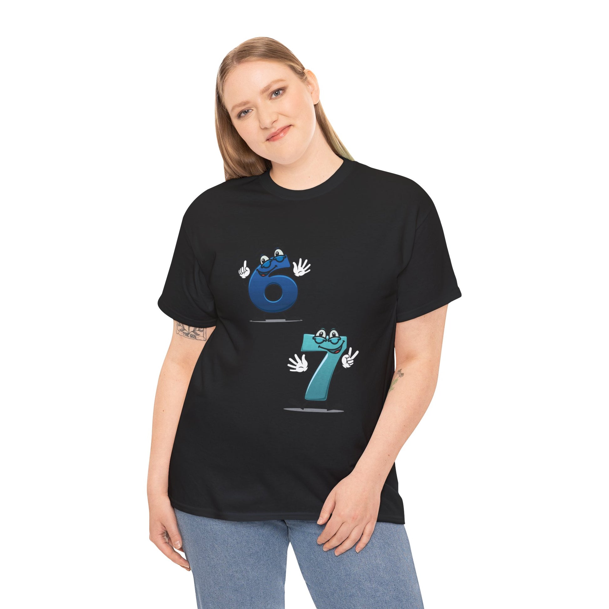 Number 6 & 7 Cartoon Tee — Playful Matching Numbers Graphic T-Shirt - Conscience Garment