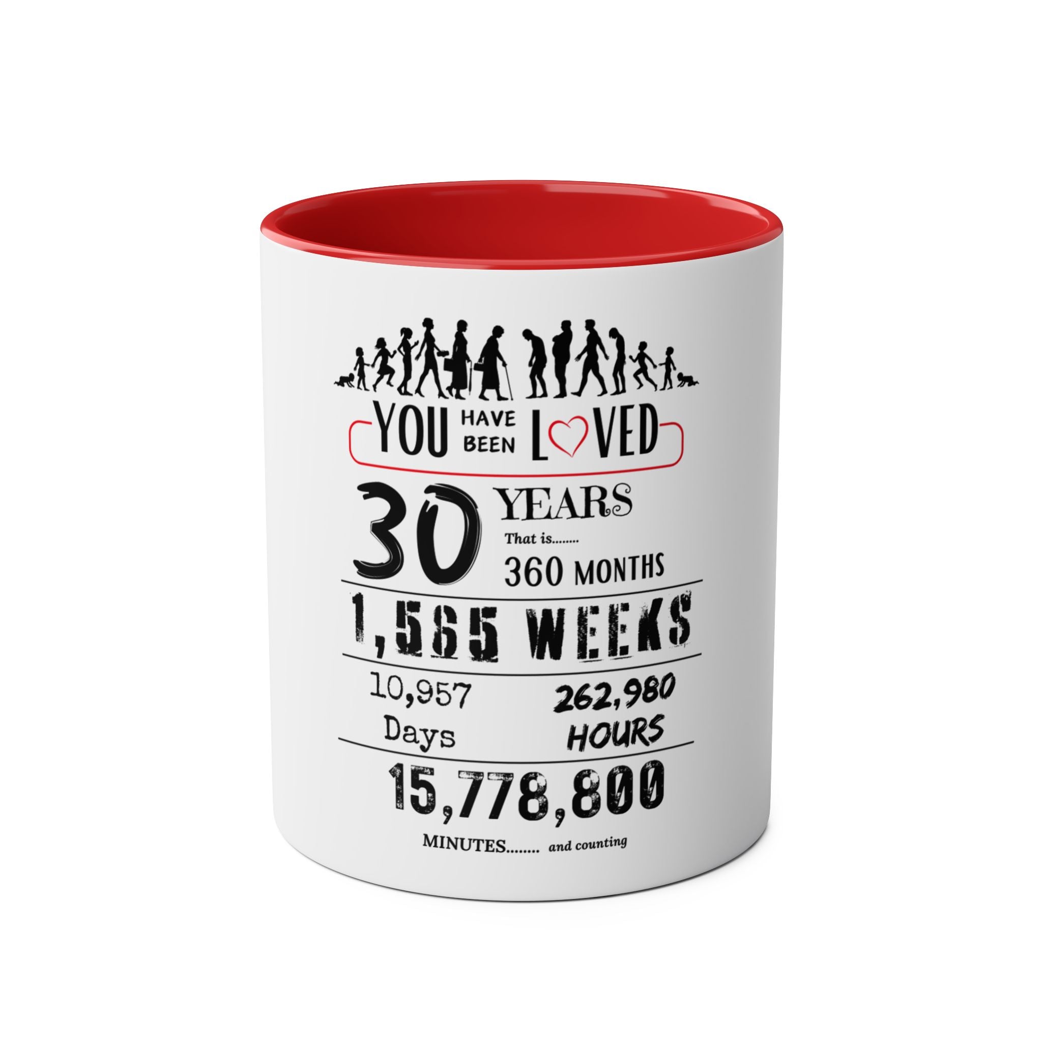 Happy 30th Birthday Gift, Mugs, 2 tone, Boys, Girls, Men, Women, Funny, Age, Facts, Years, Months, Weeks, Days, Hours, Minutes