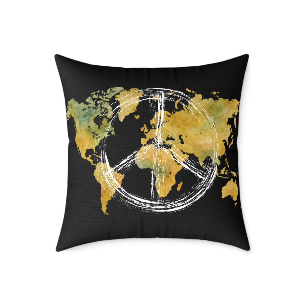 World Map Peace Sign Throw Pillow — Gold & Black Travel Decorative Pillow
