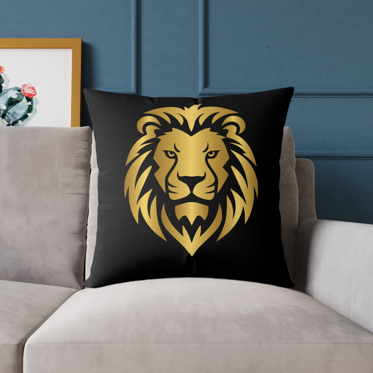 Lion Head Throw Pillow — Gold Lion Decorative Cushion for Living Room