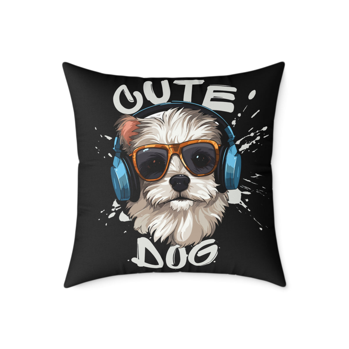 Cute Dog Headphones Square Pillow — Cool Sunglasses Pet Decor