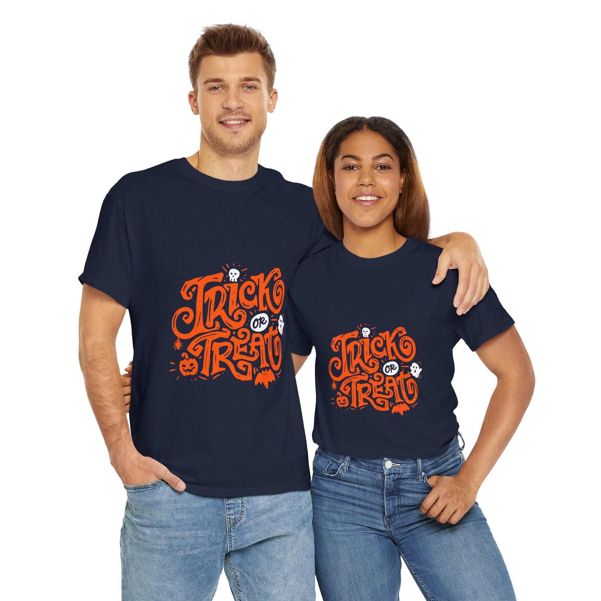 Trick or Treat Heavy Cotton Tee, Halloween Gift Shirt, Unisex Black T-Shirt, Spooky Costume Top, Fall Celebration Apparel