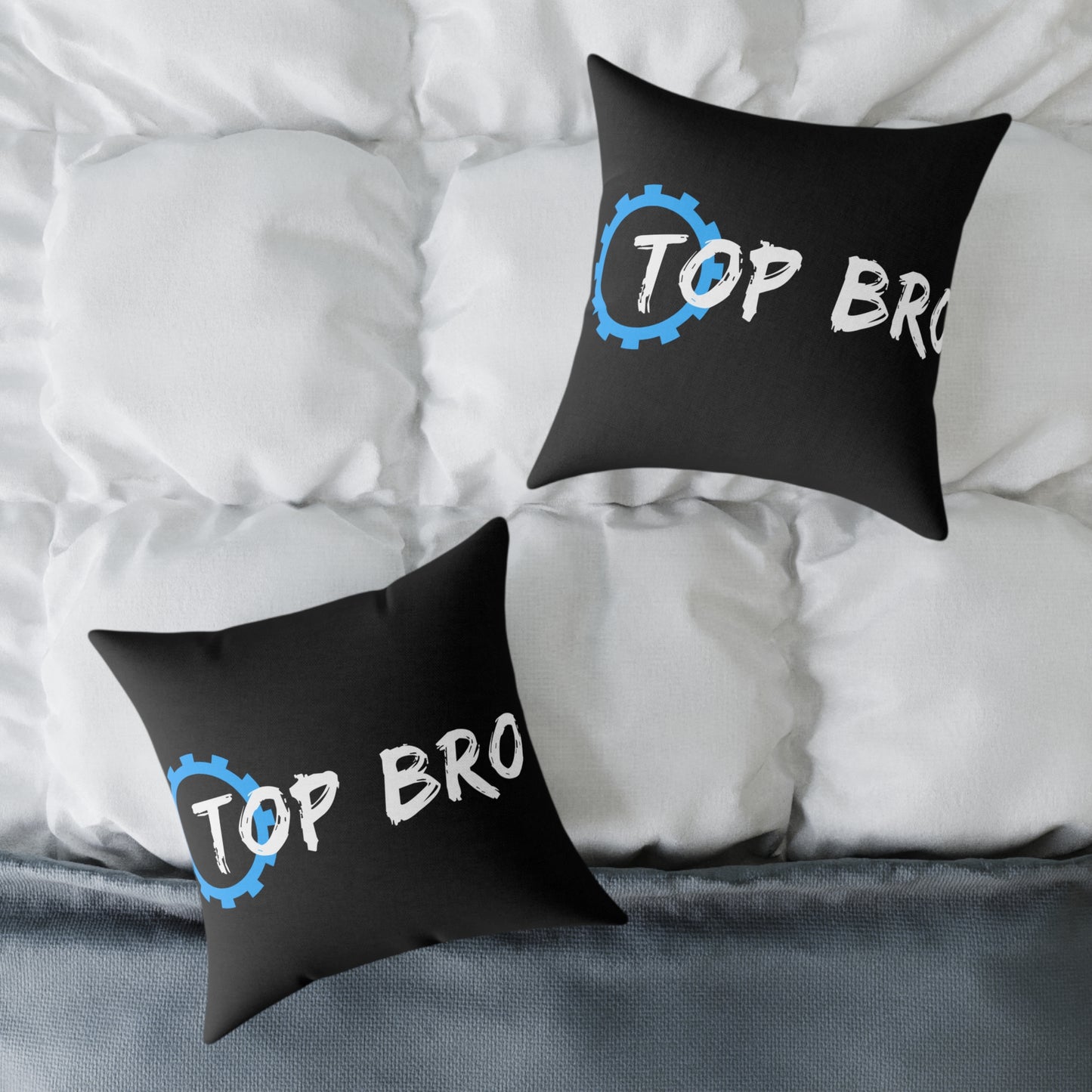 Top Bro Square Throw Pillow - Black Canvas Accent Cushion with Gear Logo