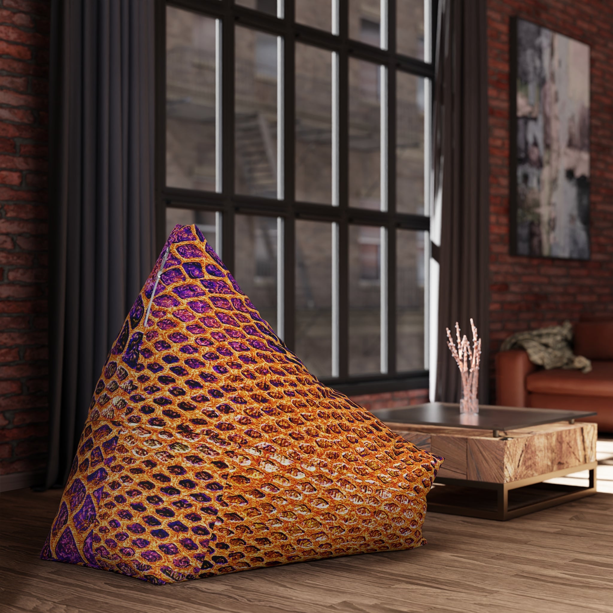 Snake Skin Print Bean Bag Cover — Vibrant Purple & Orange Accent Lounge