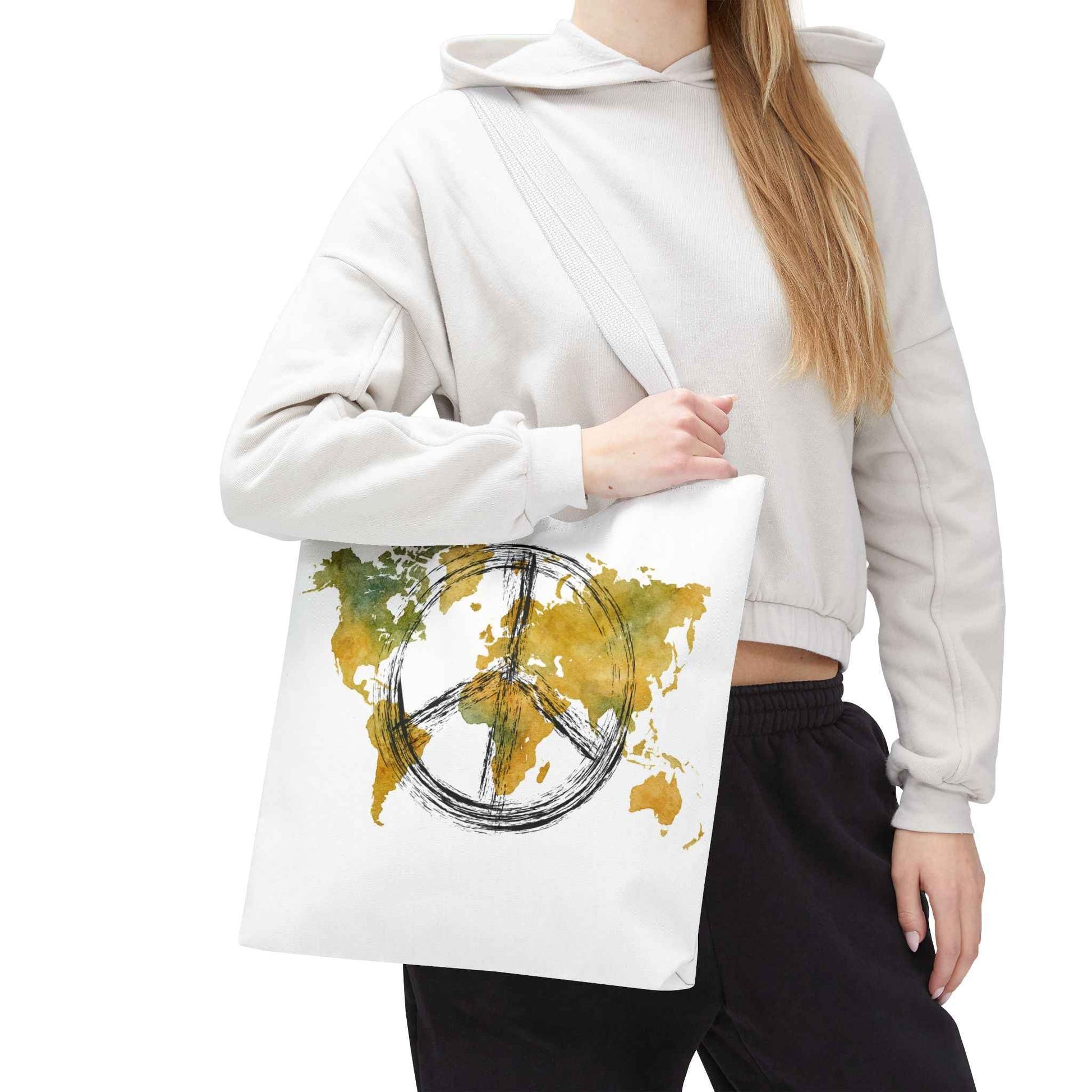 World Peace Map Tote Bag — Peace Symbol Watercolor Map Eco Shopper