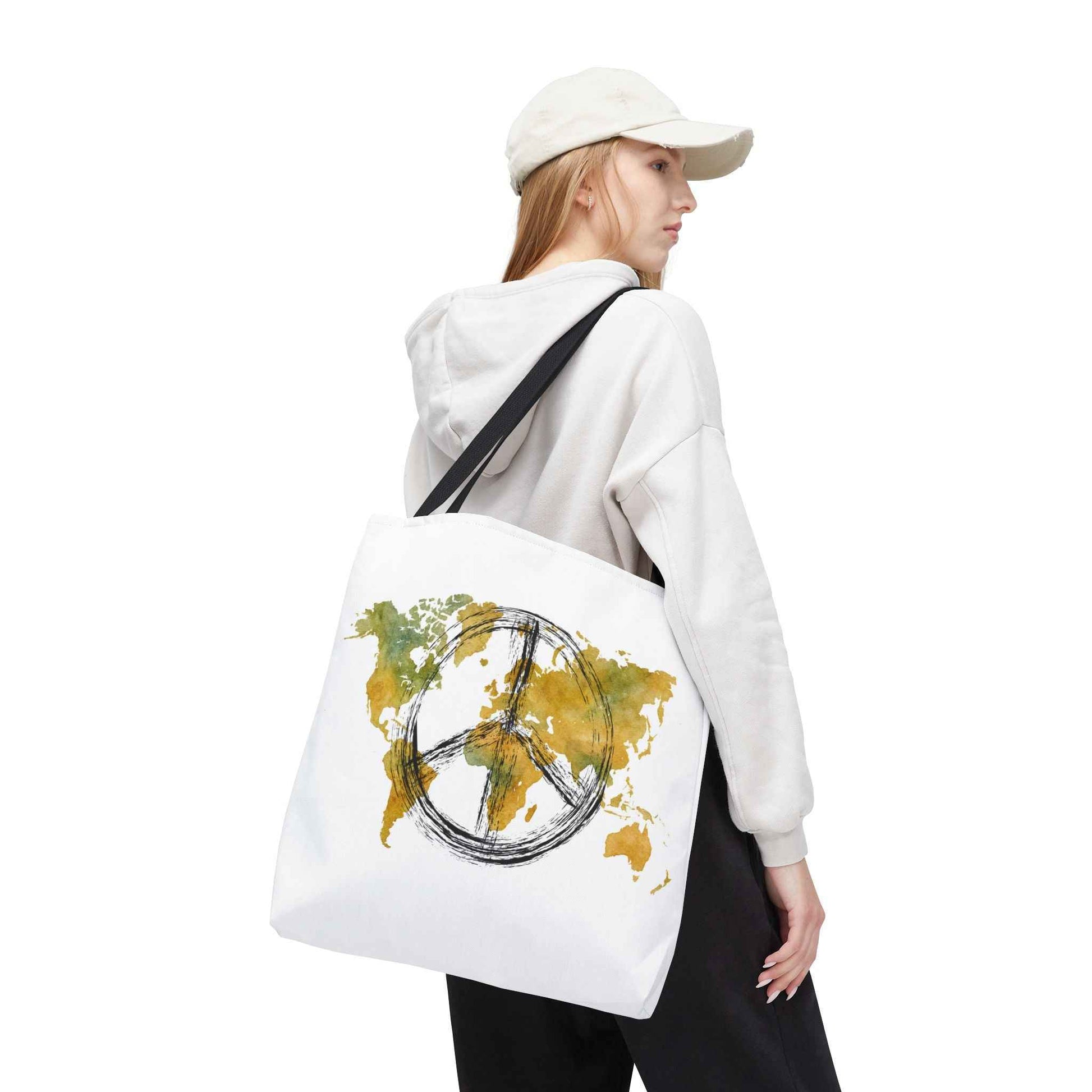 World Peace Map Tote Bag — Peace Symbol Watercolor Map Eco Shopper