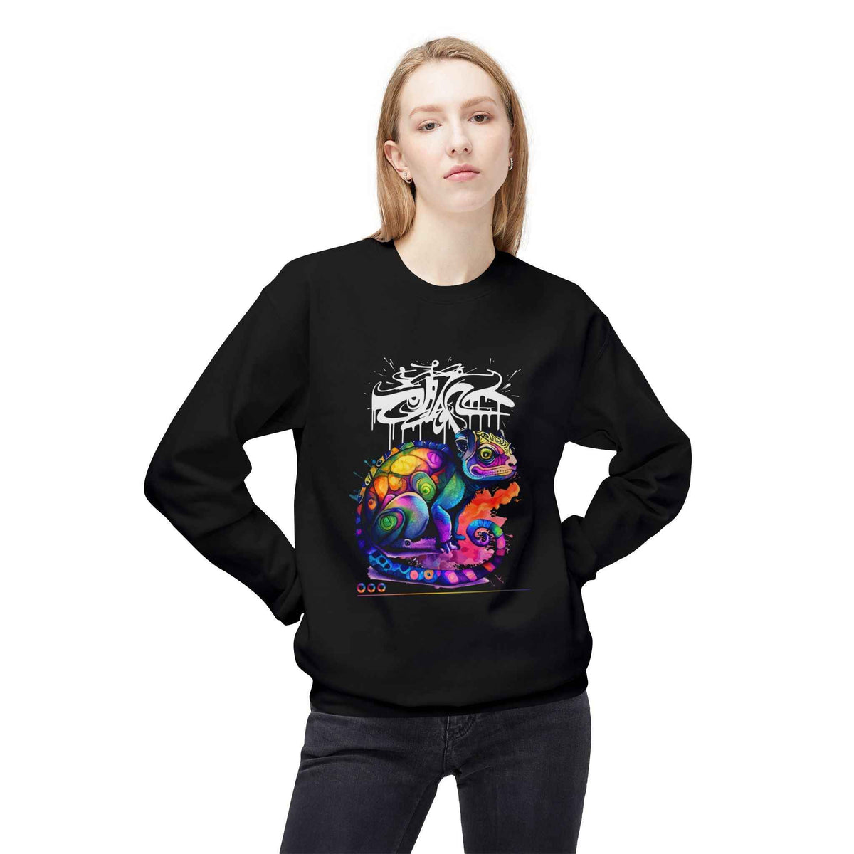 Colorful Chameleon Crewneck Sweatshirt — Vibrant Graffiti Lizard Graphic