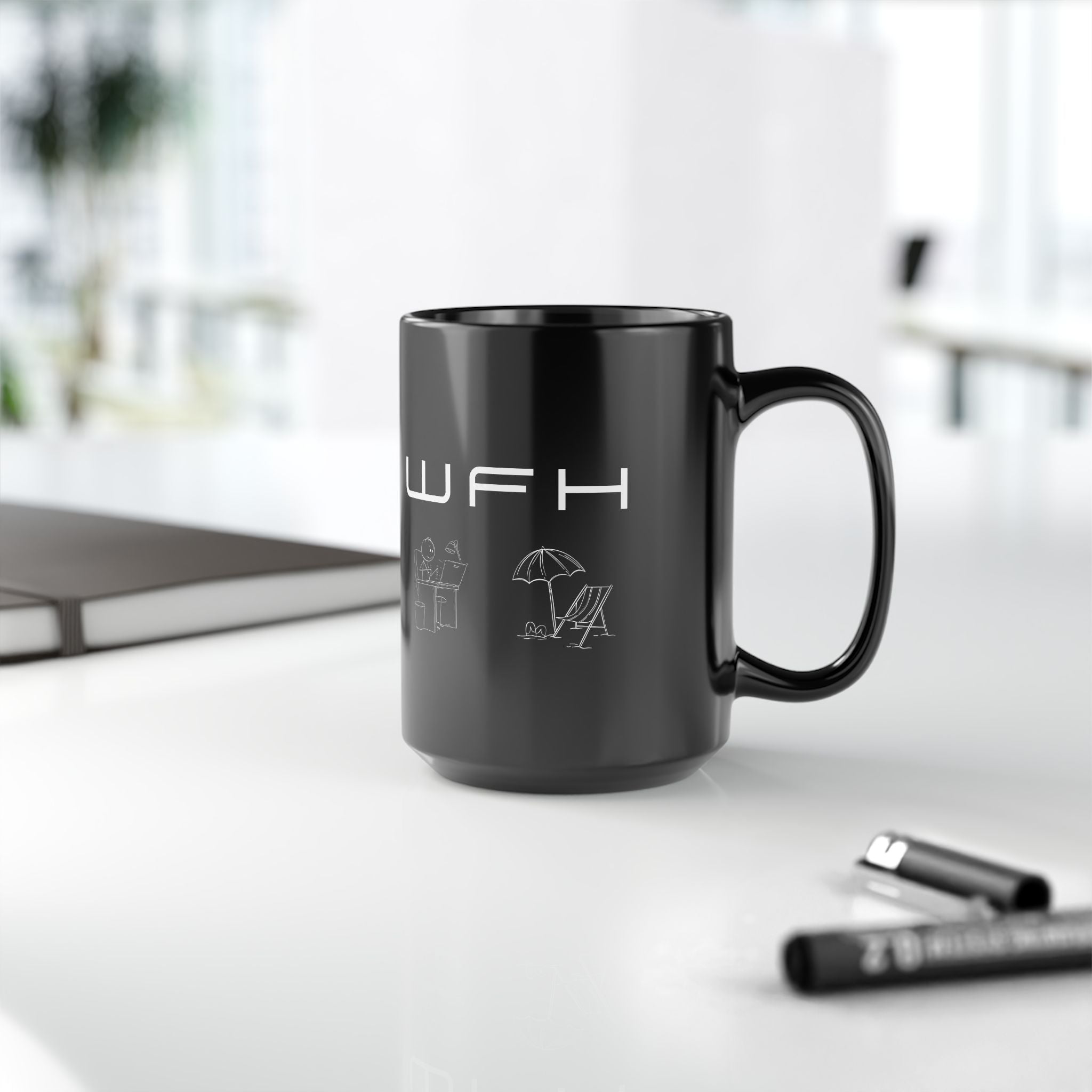 WFH Mug — Work From Home Coffee Cup with Beach & Office Icons (15oz Black Mug)