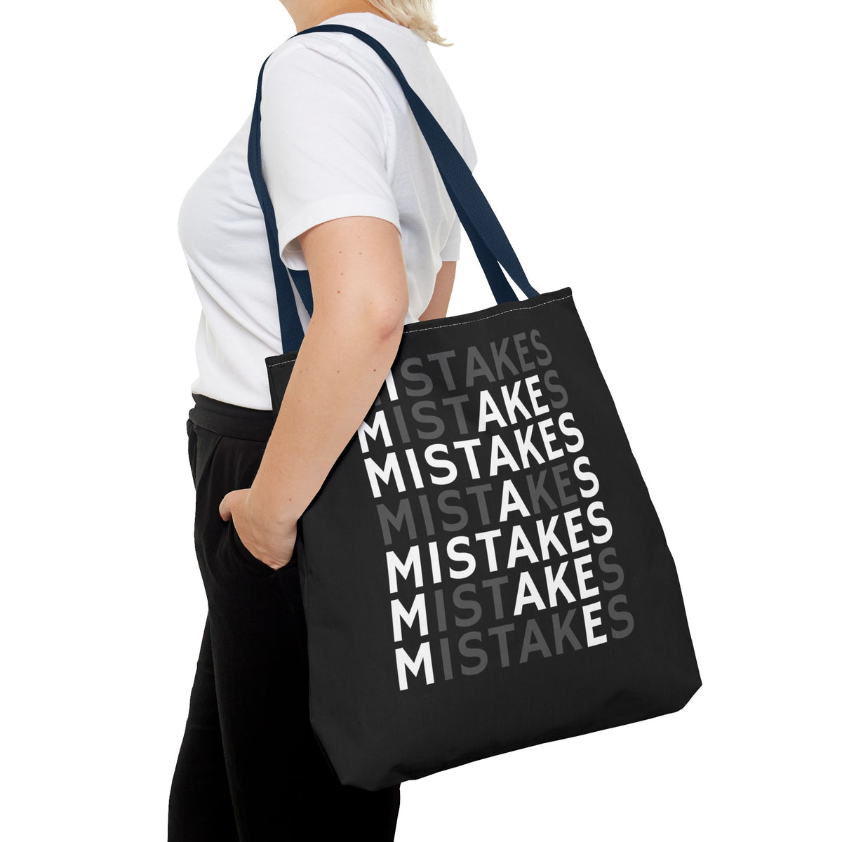 Mistakes Repeat Pattern Tote Bag — Black Typography Shopper