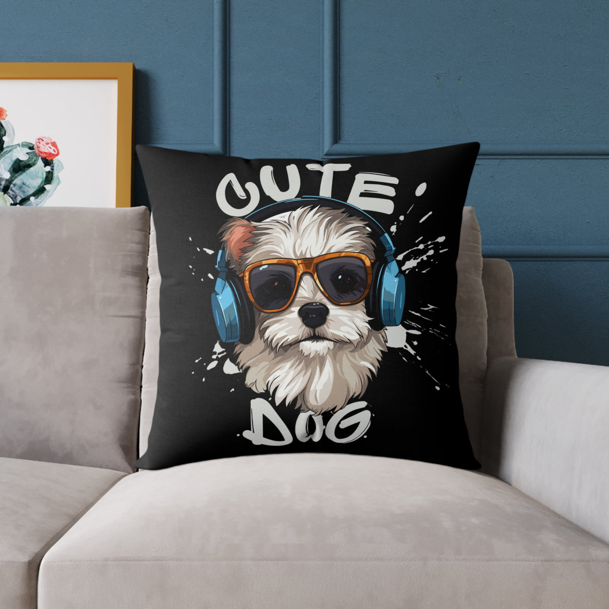 Cute Dog Headphones Square Pillow — Cool Sunglasses Pet Decor