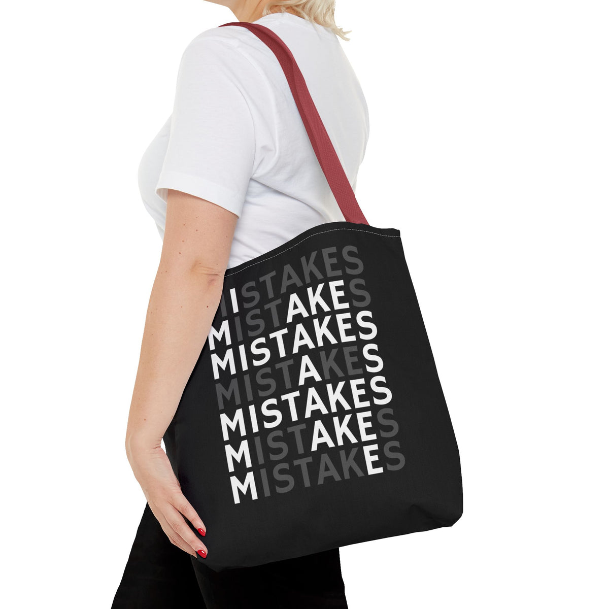 Mistakes Repeat Pattern Tote Bag — Black Typography Shopper