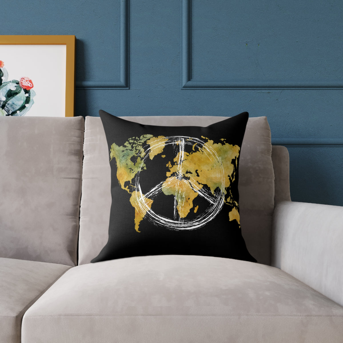World Map Peace Sign Throw Pillow — Gold & Black Travel Decorative Pillow