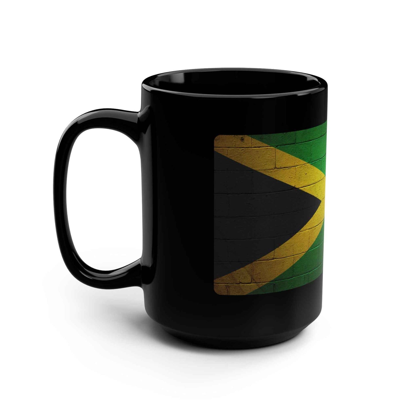 Jamaica Flag Black 15oz Mug — Distressed Brick Print Coffee Cup