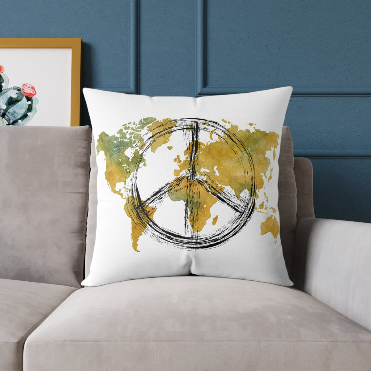 Peace Sign World Map Throw Pillow — Boho Travel Decorative Accent