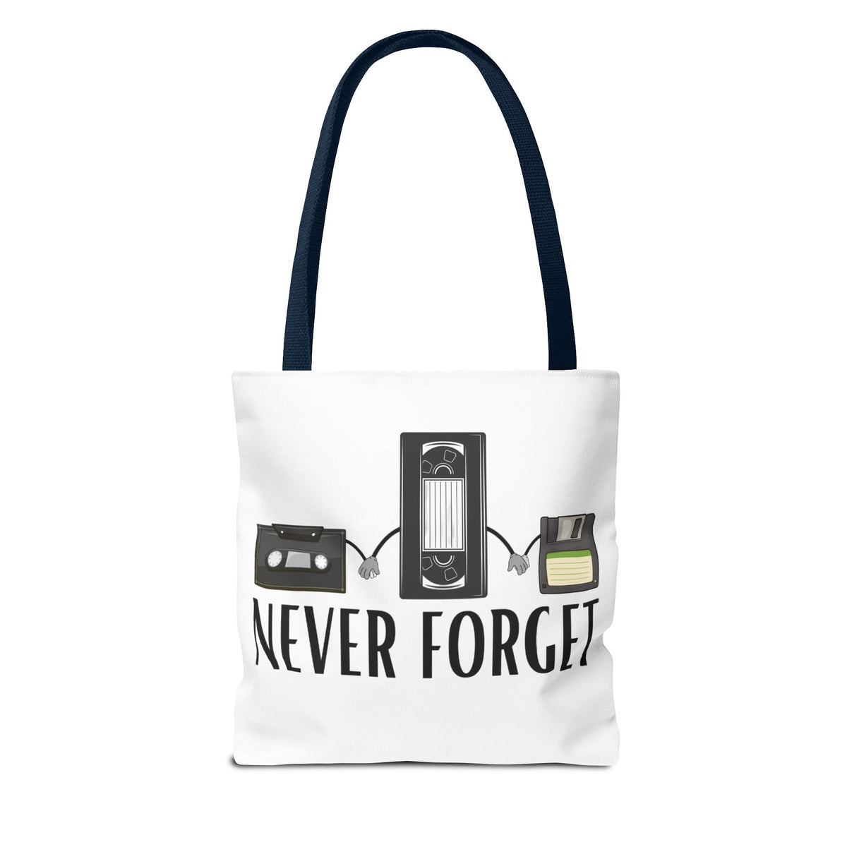 Retro Media 'Never Forget' Tote Bag — Vintage Cassette, VHS & Floppy Design